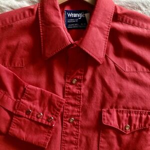 VTG USA Wrangler Cowboy Cut X-Long Tail Mens 16-35 Pearl Snap LS Shirt Red Rodeo